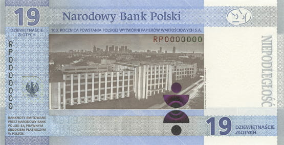 19 zł 100-lecie powstania Polskiej Wytwórni Papierów Wartościowych